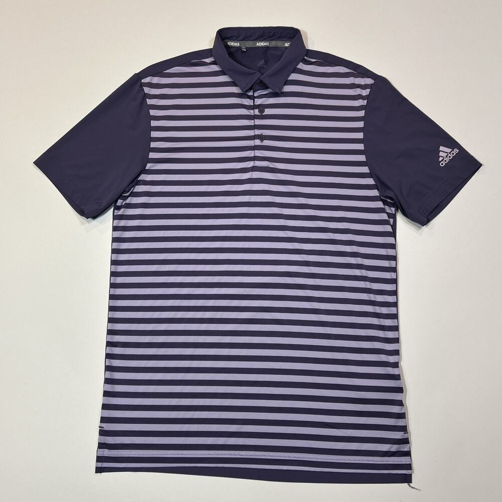 Adidas Mens Shirt Size Small Purple Striped Golf Polo Short Sleeve Logo